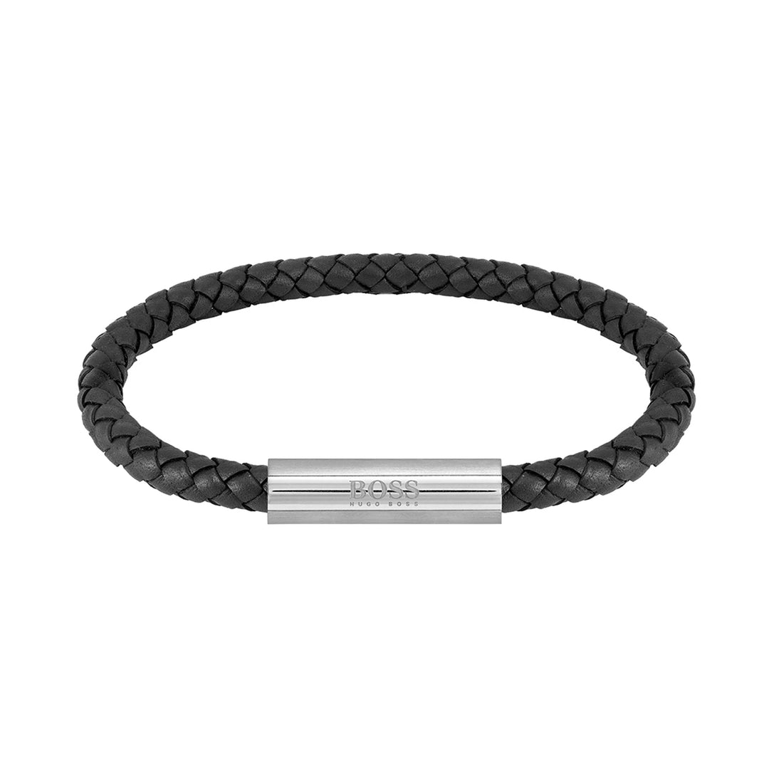 Hugo Boss Jewellery Braided Leather Stainless Steel & Black Leather Men's Leather Bracelet - 1580152