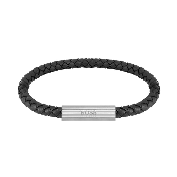 Hugo Boss Jewellery Braided Leather Stainless Steel & Black Leather Men's Leather Bracelet - 1580152