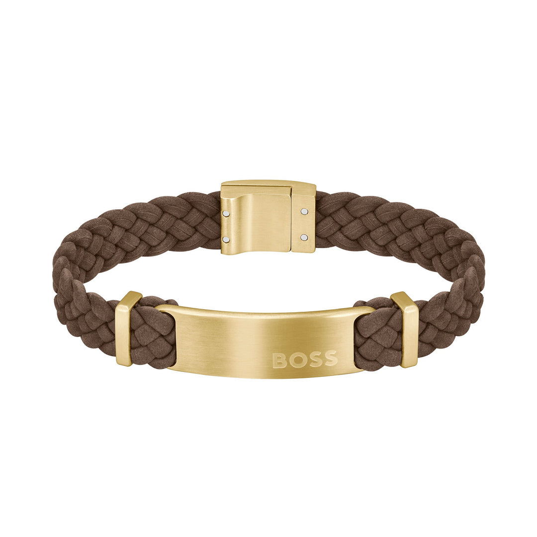 Hugo Boss Jewellery Gold Steel & Brown Leather Men's Bracelet - 1580607M