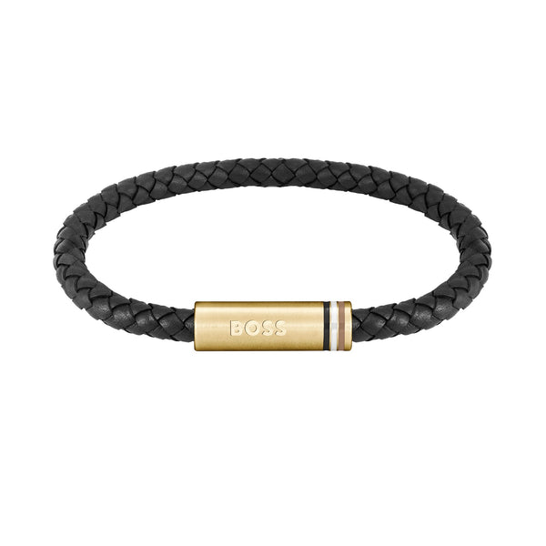 Hugo Boss Jewellery Gold Steel Black Leather Men's Bracelet 158062