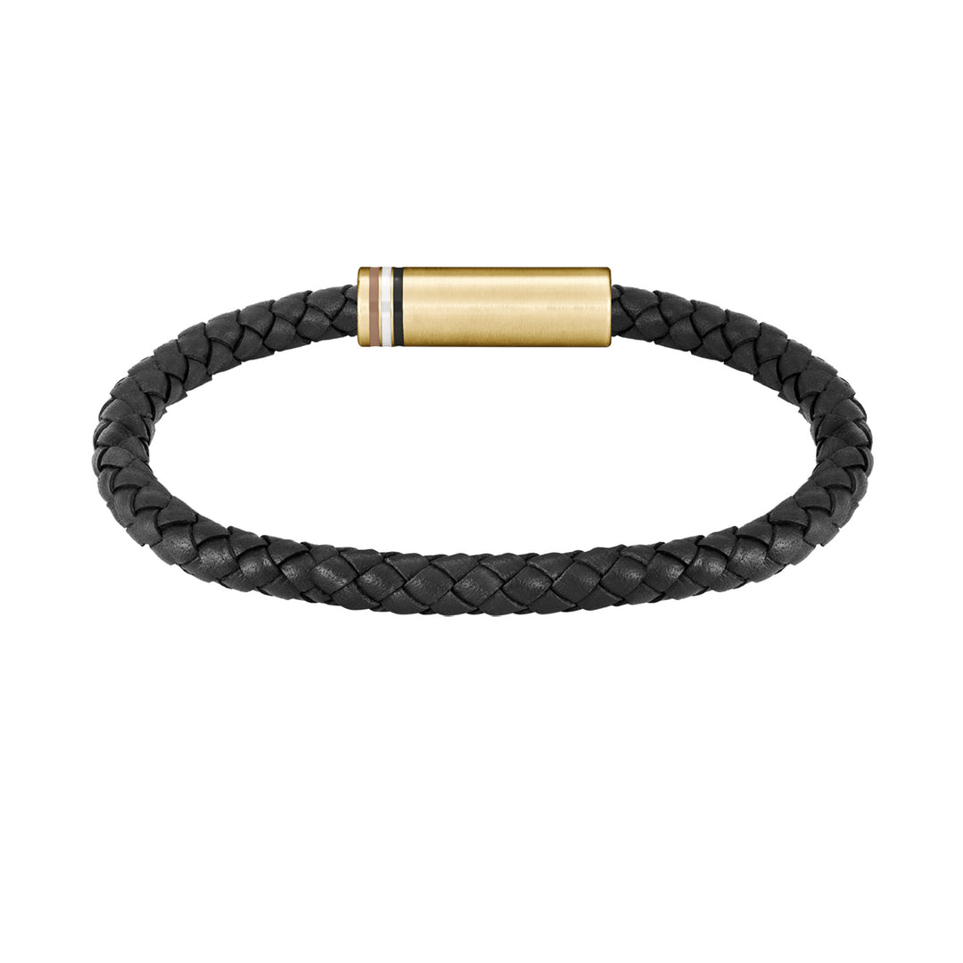 Hugo Boss Jewellery Gold Steel & Black Leather Men's Bracelet - 1580624