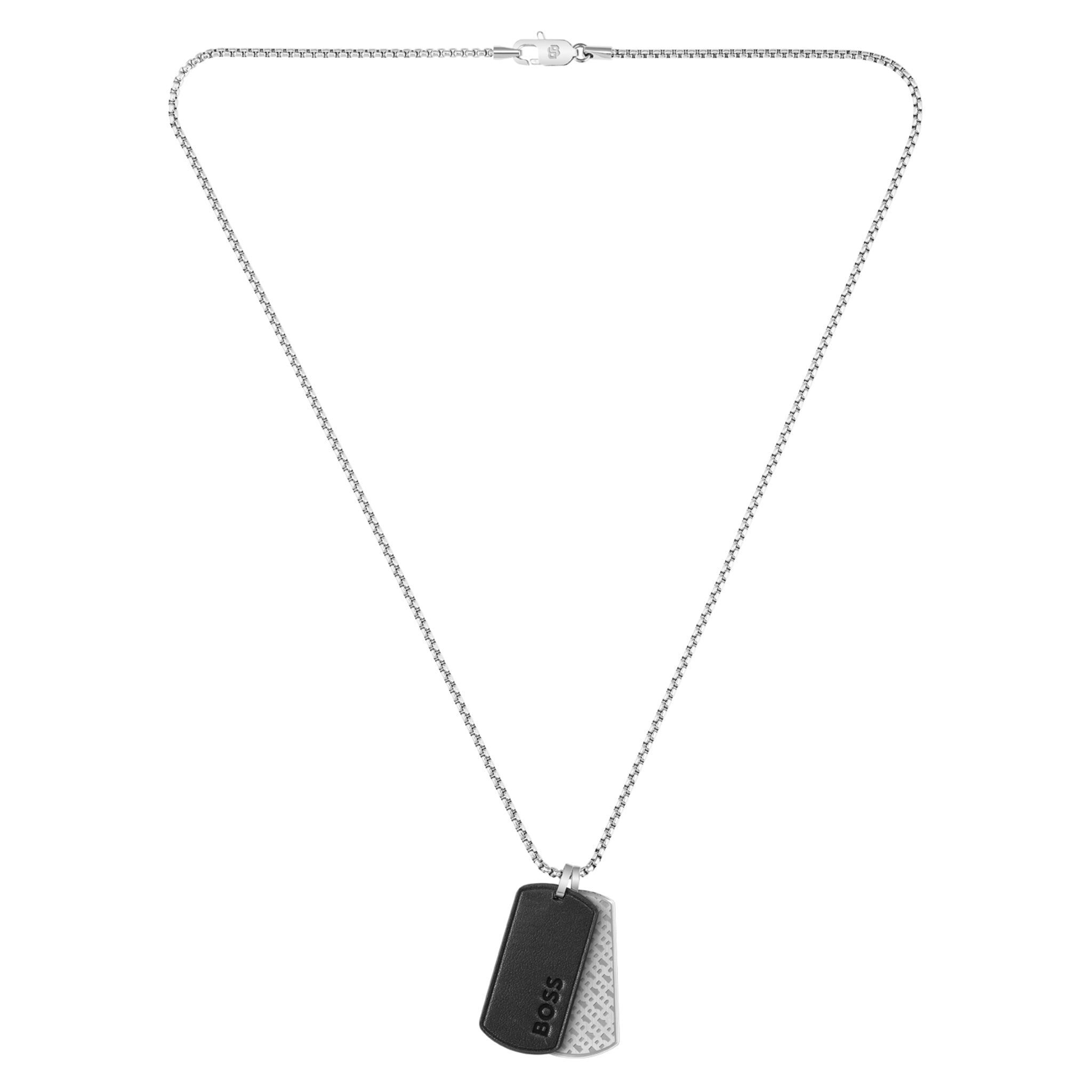 Boss Jewellery Stainless Steel & Black Leather Men's Pendant With Chain Necklace - 1580760