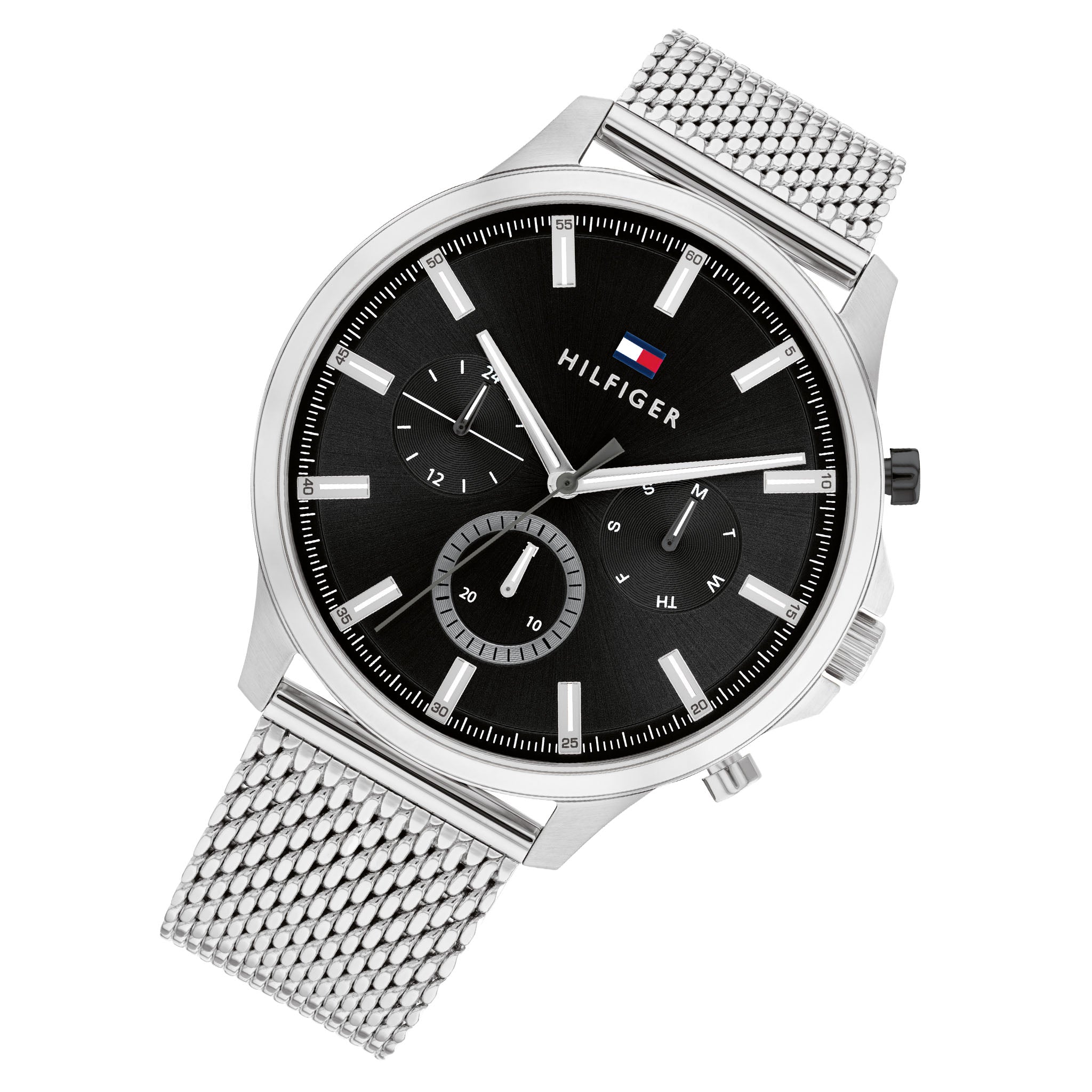 Tommy Hilfiger Silver-Tone Mesh Black Dial Multi-function Men's Watch - 1710498