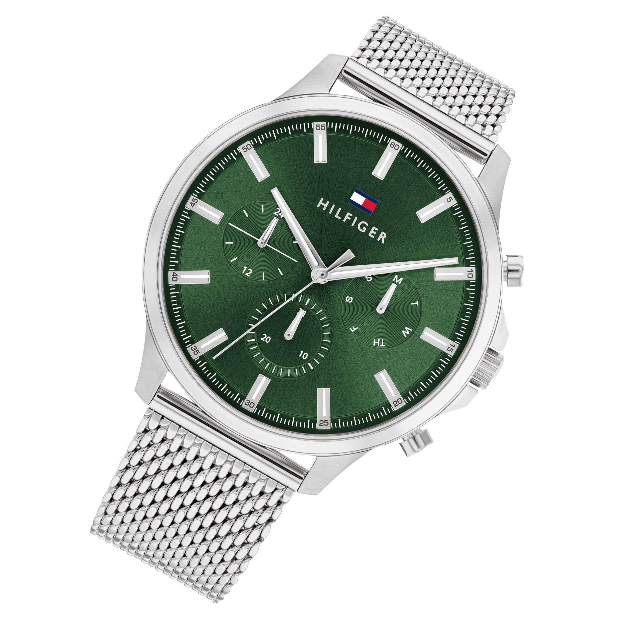 Tommy Hilfiger Silver-Tone Mesh Green Dial Multi-function Men's Watch - 1710499