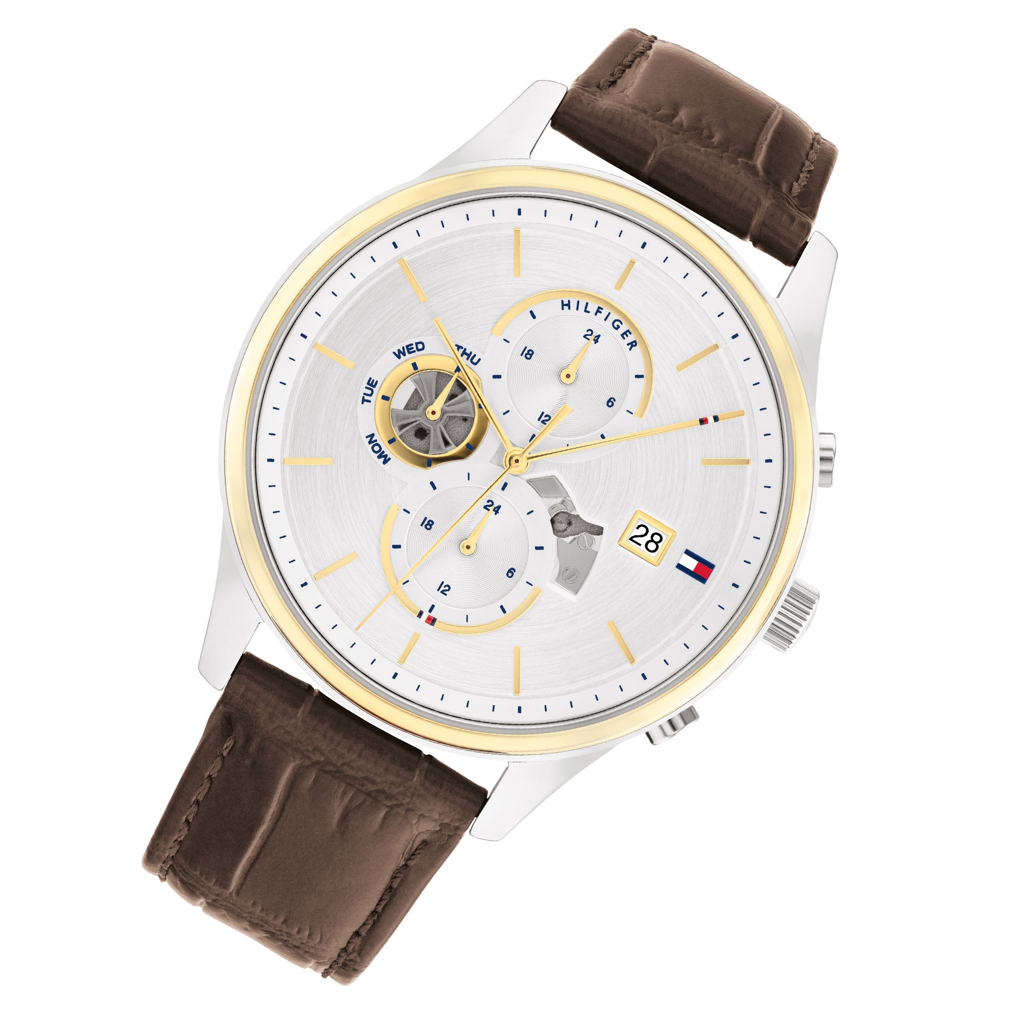 Tommy Hilfiger Brown Leather Silver White Dial Multi-function Men's Watch - 1710501