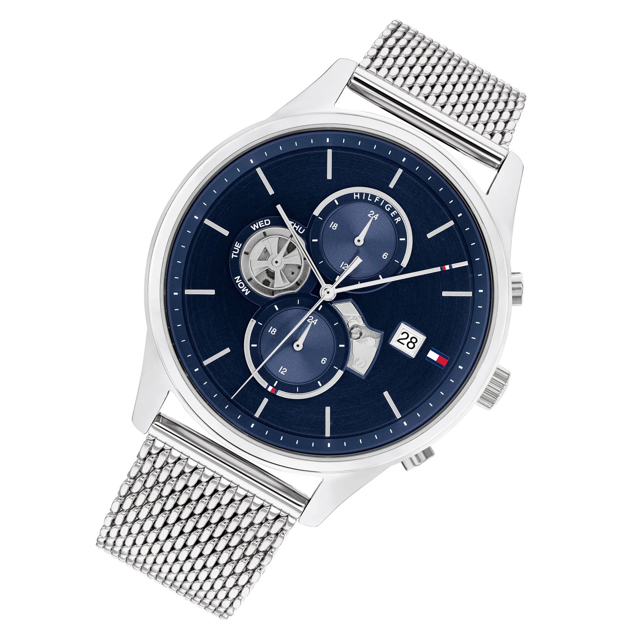 Tommy Hilfiger Silver-Tone Mesh Navy Dial Multi-function Men's Watch - 1710504