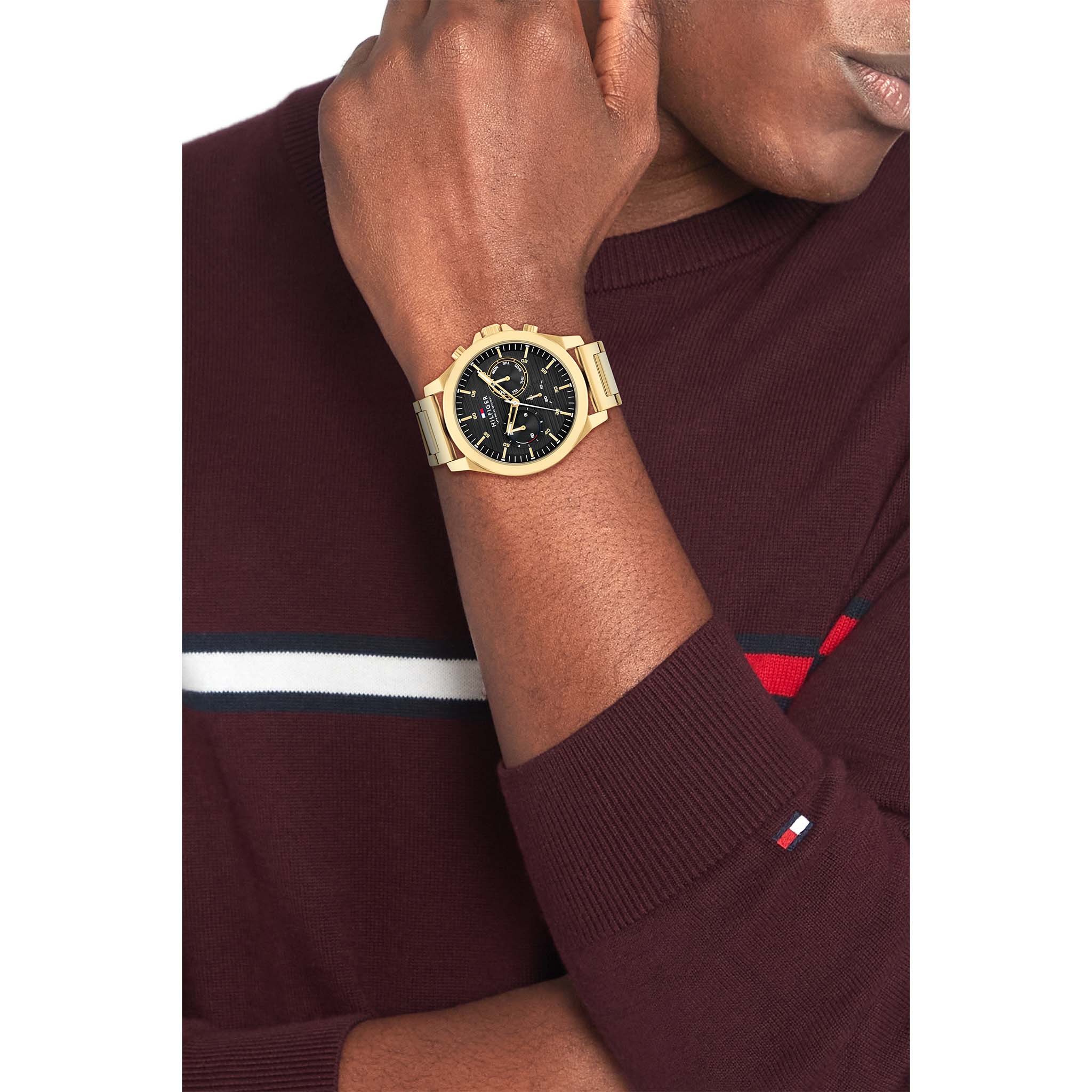 Tommy Hilfiger Gold Steel Black Dial Multi-function Men's Watch - 1710520