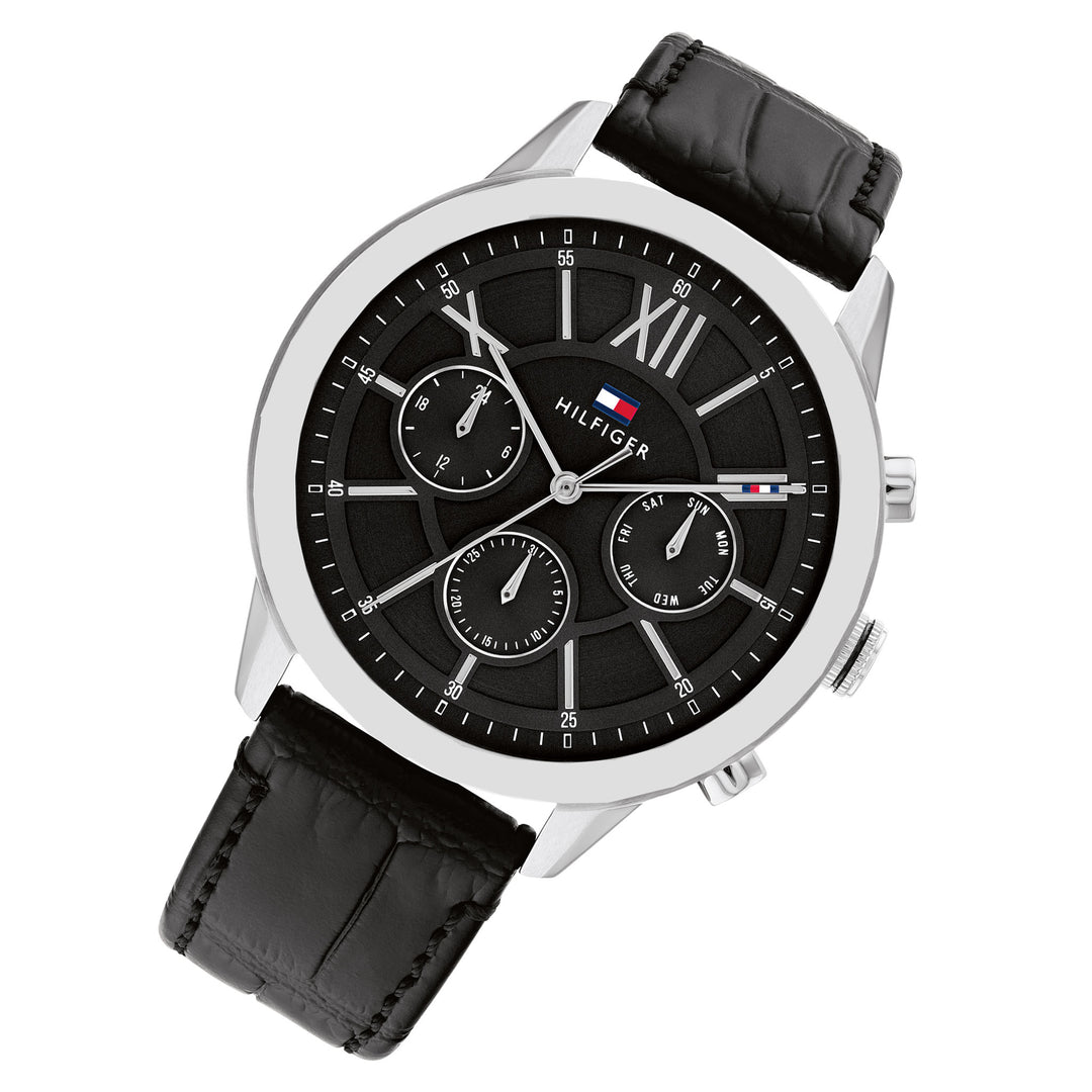 Tommy Hilfiger Black Leather Grey Dial Multi-function Men's Watch - 1710527