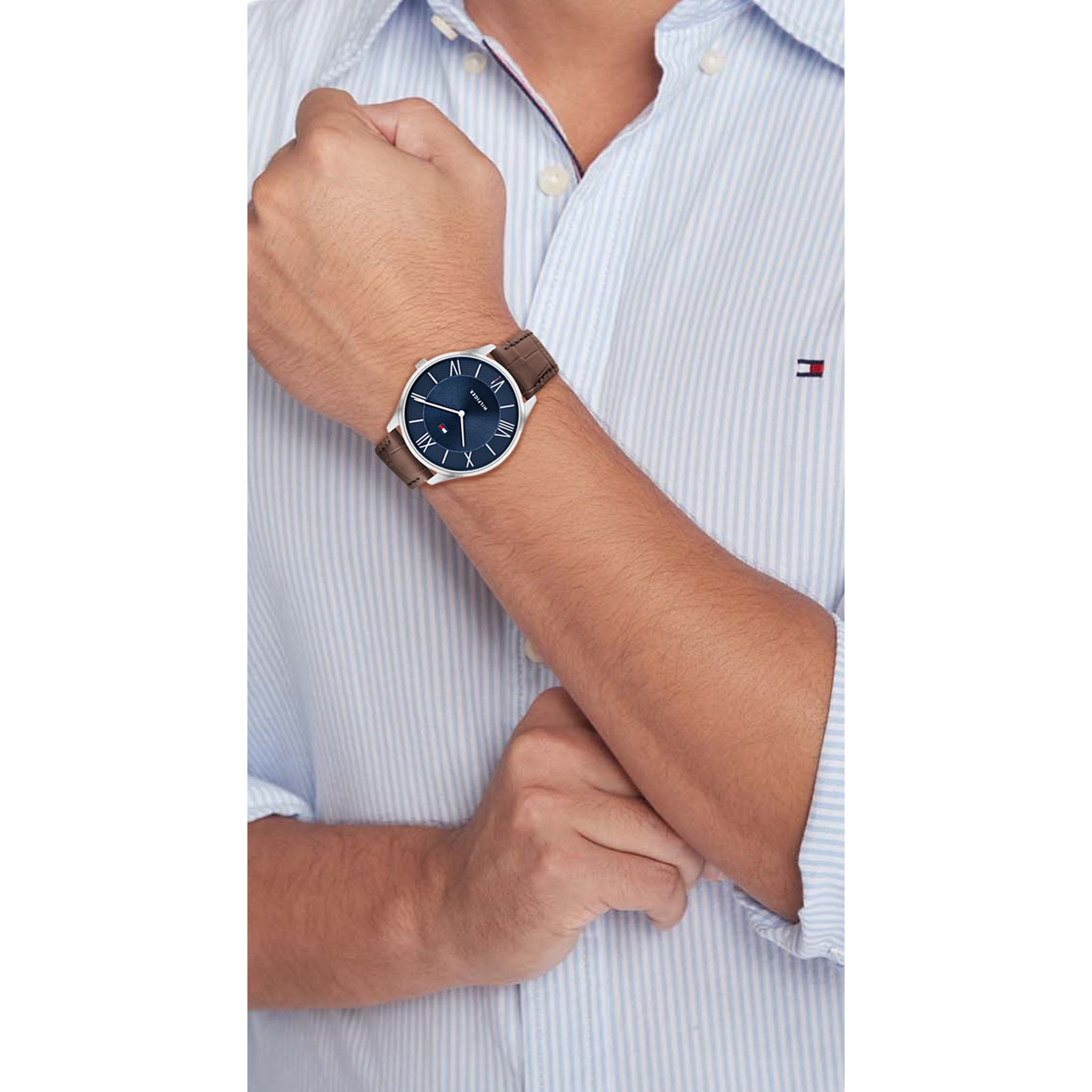 Tommy Hilfiger Brown Leather Navy Dial Slim Men's Watch - 1710536