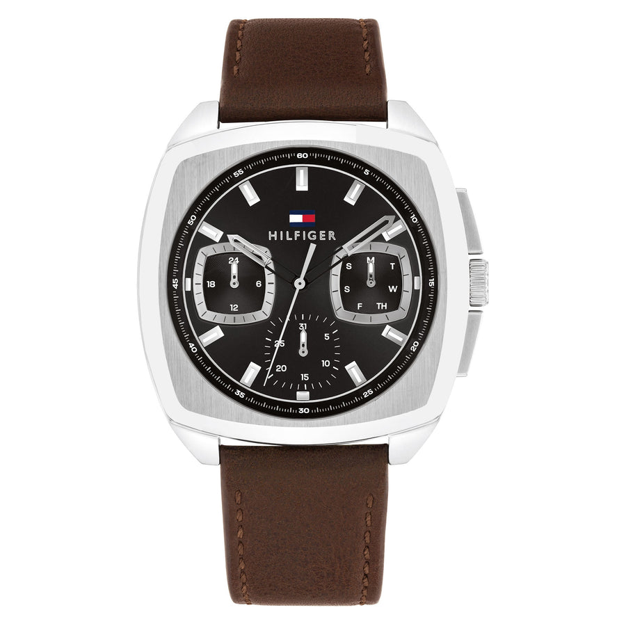 Tommy Hilfiger Brown Leather Black Dial Multi-function Men's Watch - 1710555