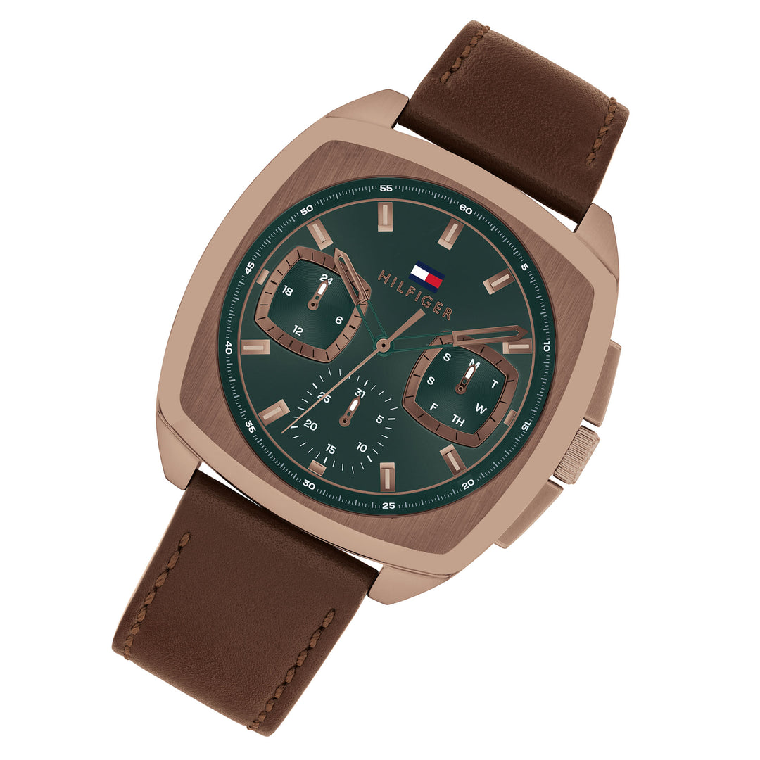 Tommy Hilfiger Brown Leather Green Dial Multi-function Men's Watch - 1710557