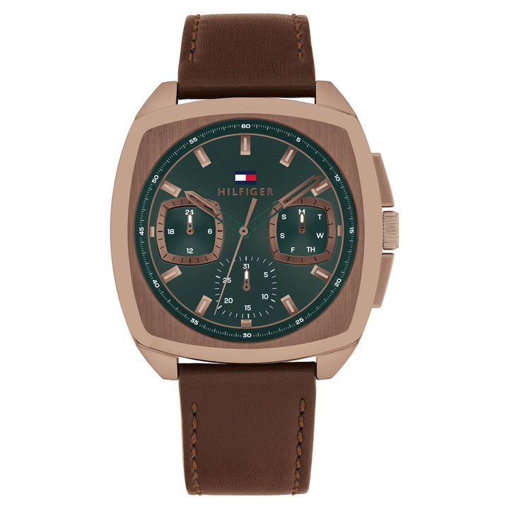 Tommy Hilfiger Brown Leather Green Dial Multi-function Men's Watch - 1710557