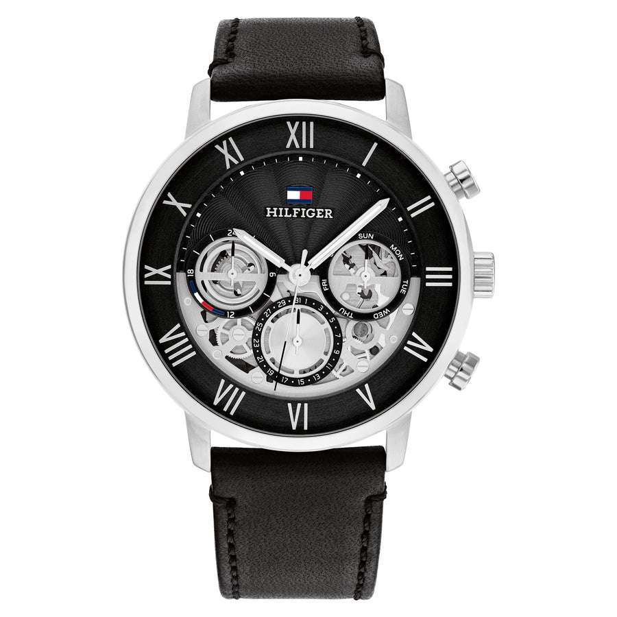 Tommy Hilfiger Leather Black Dial Multi-function Men's Watch - 1710565
