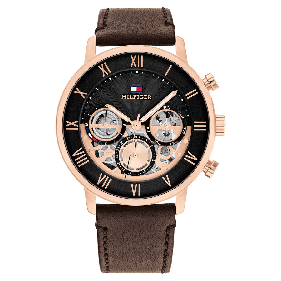 Tommy Hilfiger Brown Leather Black Dial Multi-function Men's Watch - 1710566