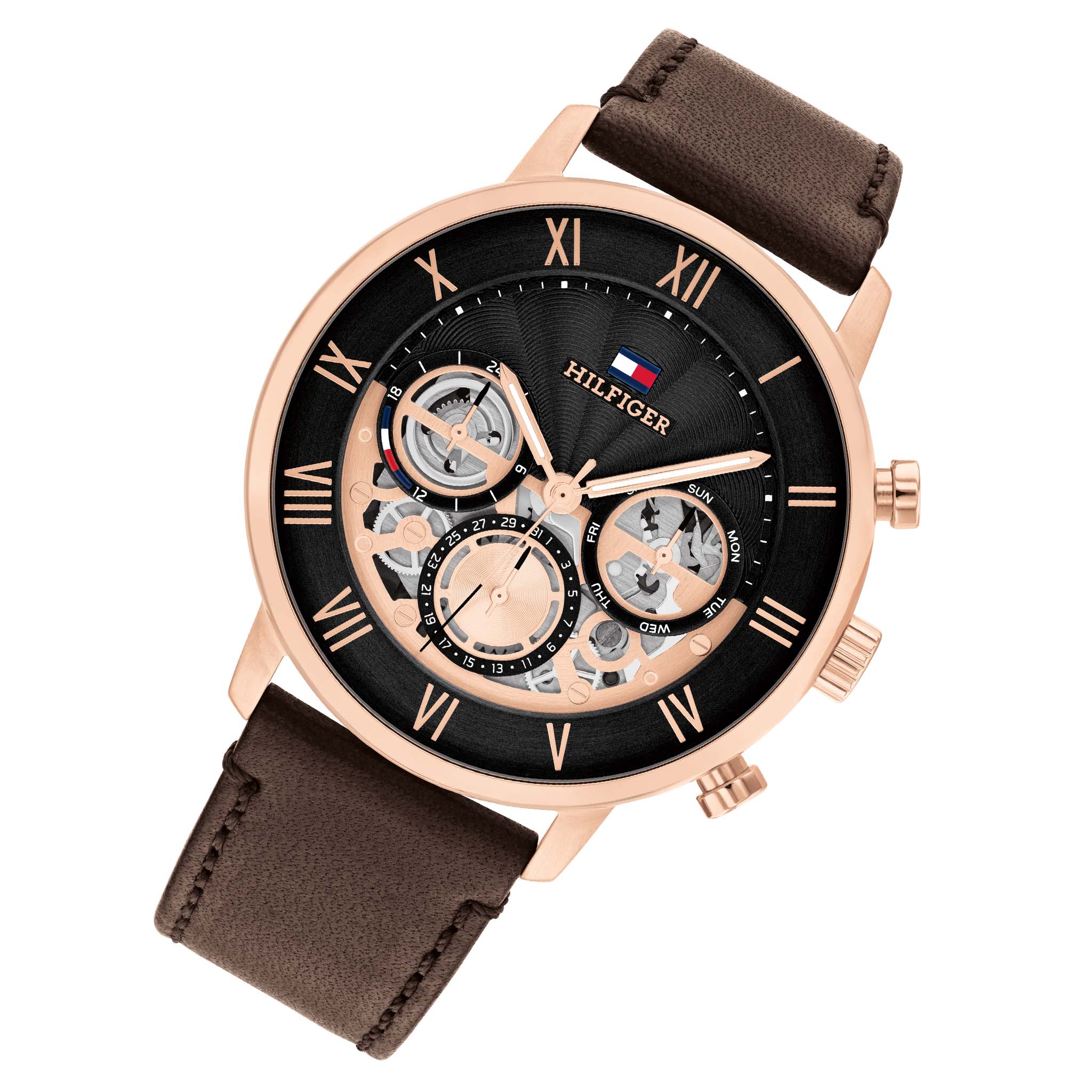 Tommy Hilfiger Brown Leather Black Dial Multi-function Men's Watch - 1710566