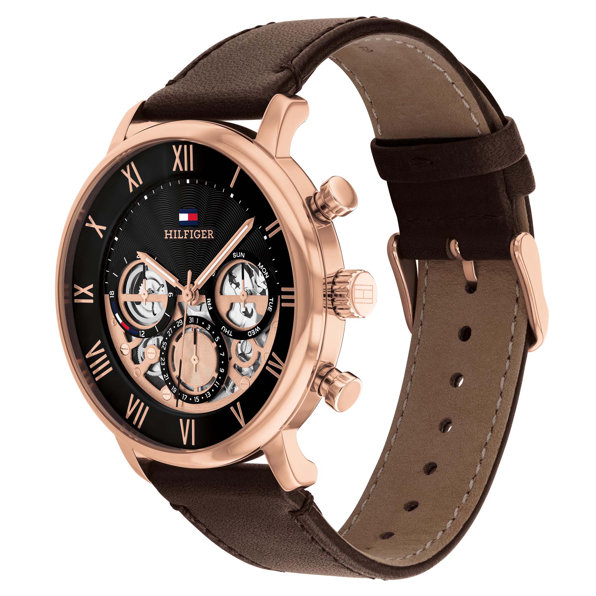 Tommy Hilfiger Brown Leather Black Dial Multi-function Men's Watch - 1710566