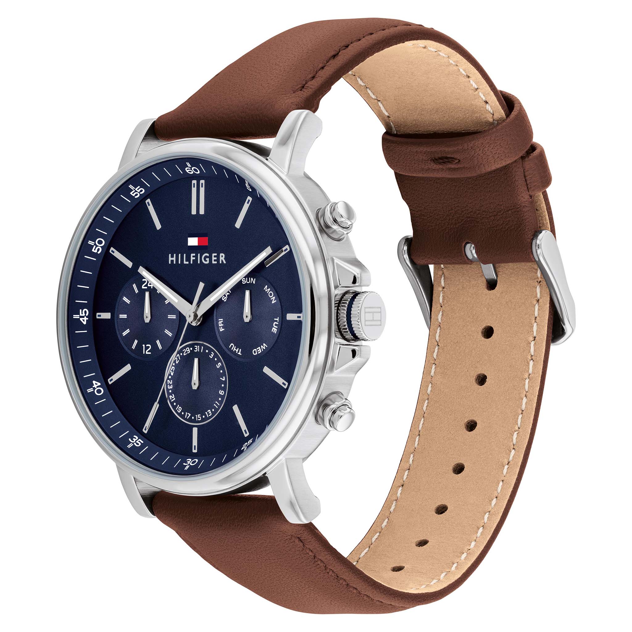 Tommy Hilfiger Brown Leather Navy Dial Multi-function Men's Watch - 1710585