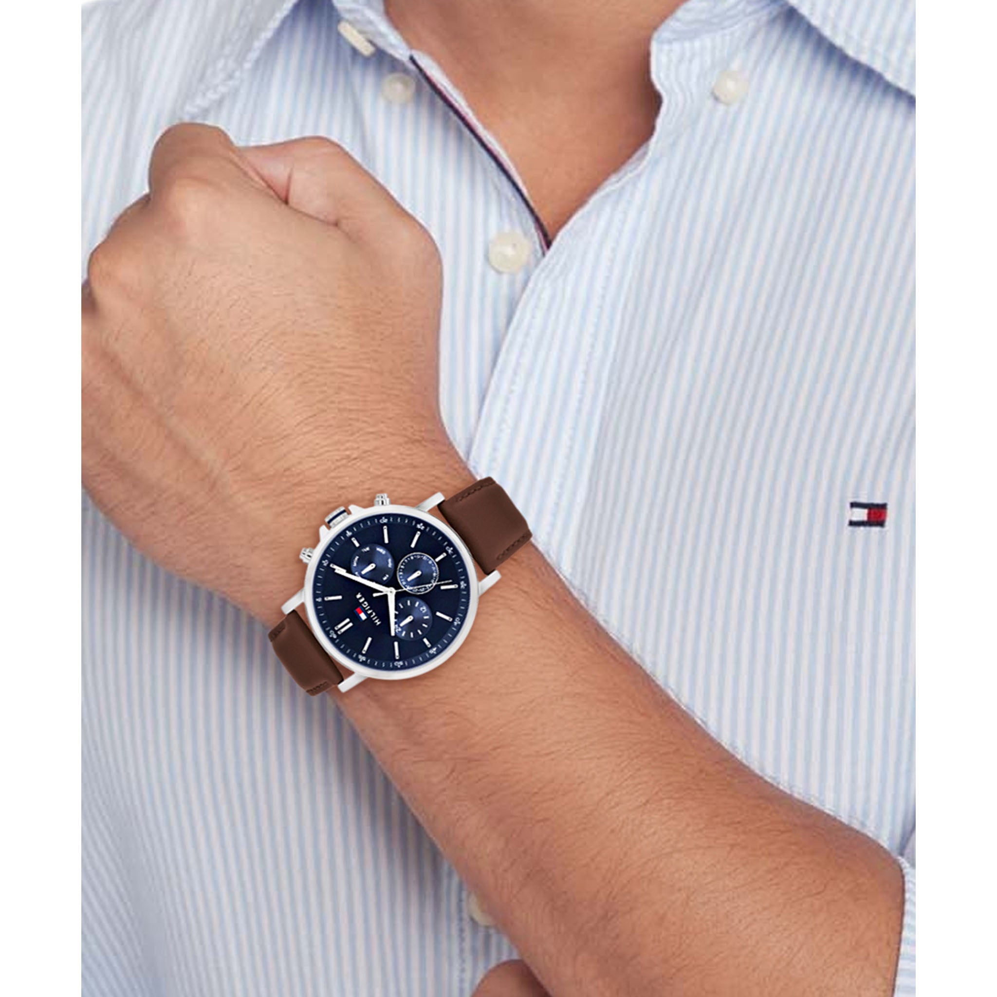 Tommy Hilfiger Brown Leather Navy Dial Multi-function Men's Watch - 1710585