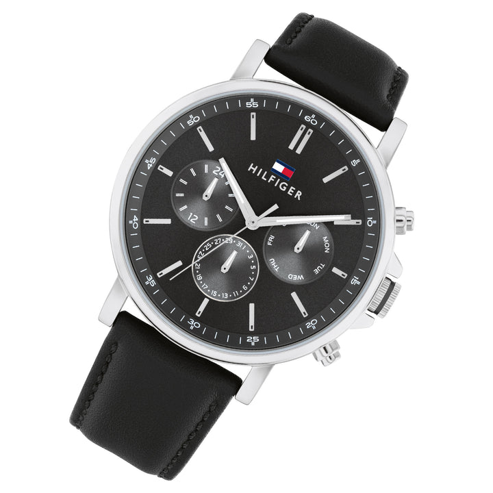Tommy Hilfiger Black Leather Dark Grey Dial Multi-function Men's Watch - 1710586