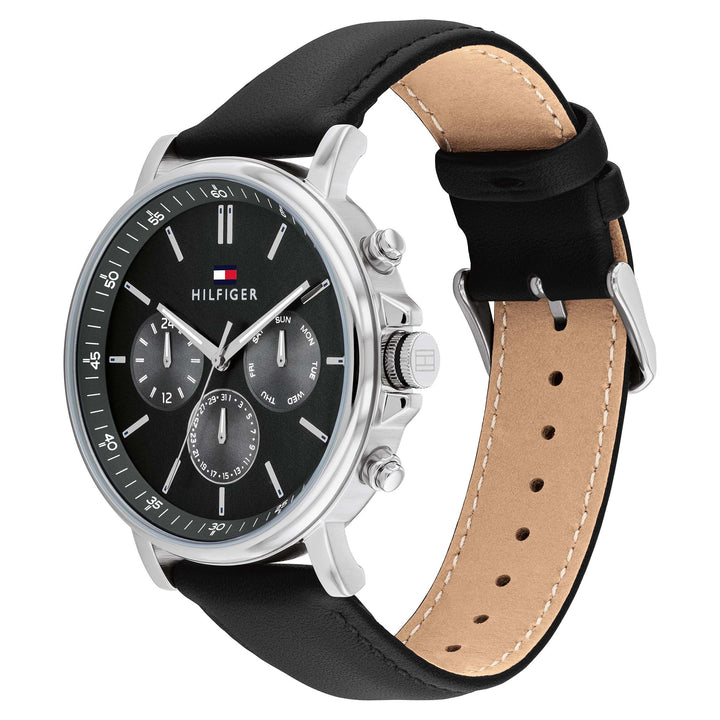 Tommy Hilfiger Black Leather Dark Grey Dial Multi-function Men's Watch - 1710586
