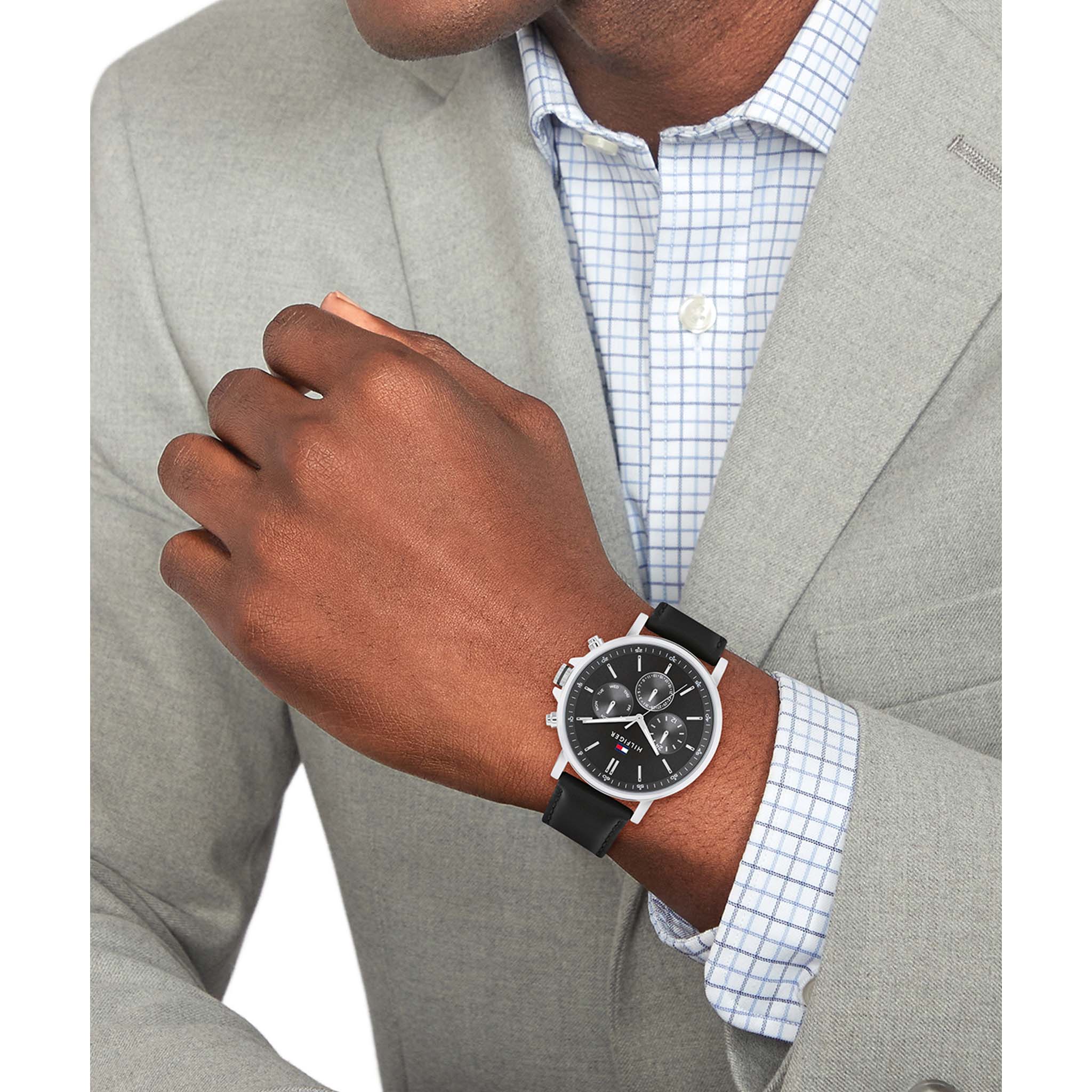 Tommy Hilfiger Black Leather Dark Grey Dial Multi-function Men's Watch - 1710586