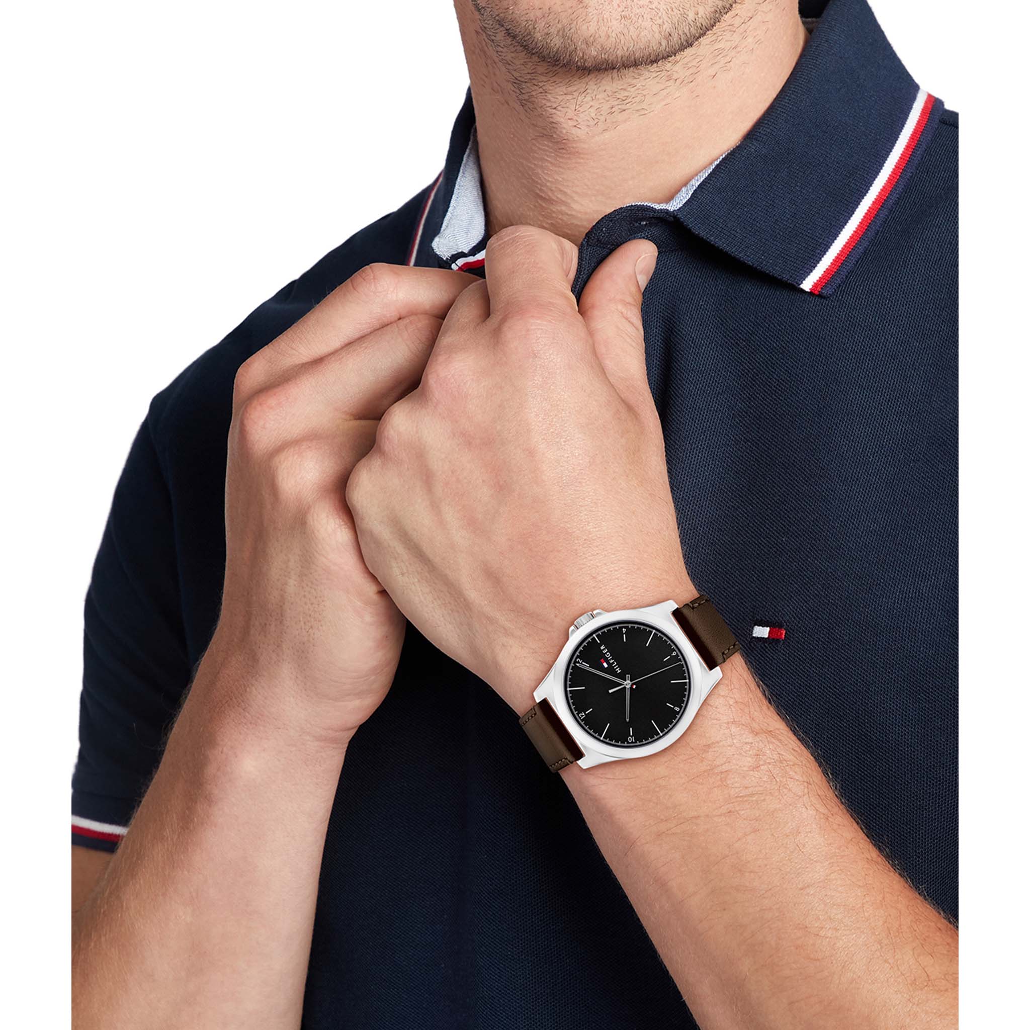 Tommy Hilfiger Dark Brown Leather Black Dial Men's Watch - 1710601