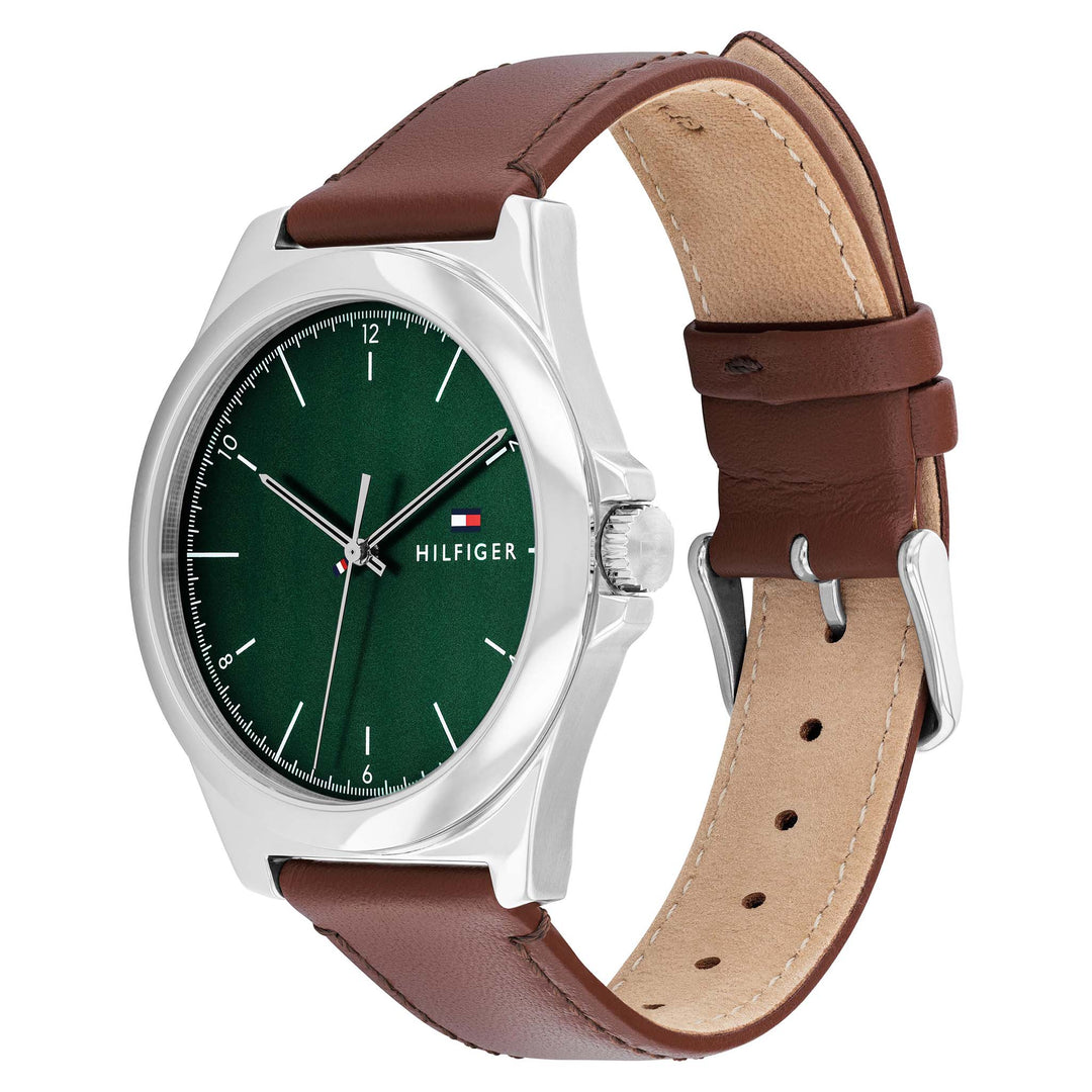 Tommy Hilfiger Brown Leather Green Dial Men's Watch - 1710602