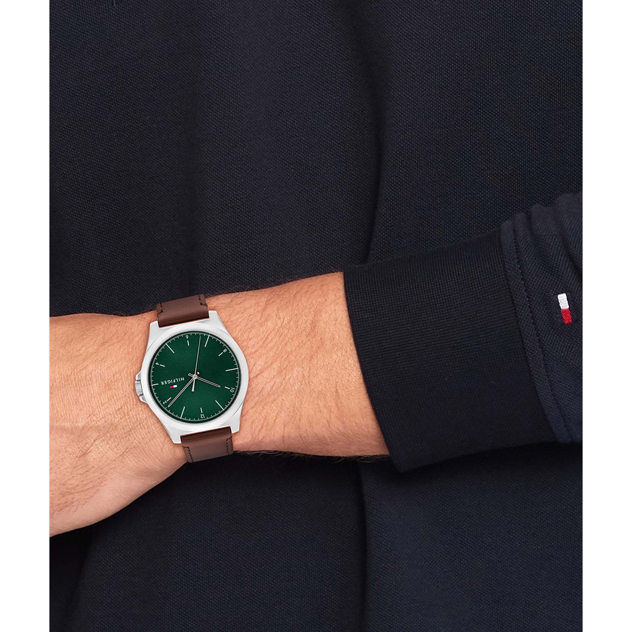 Tommy Hilfiger Brown Leather Green Dial Men's Watch - 1710602