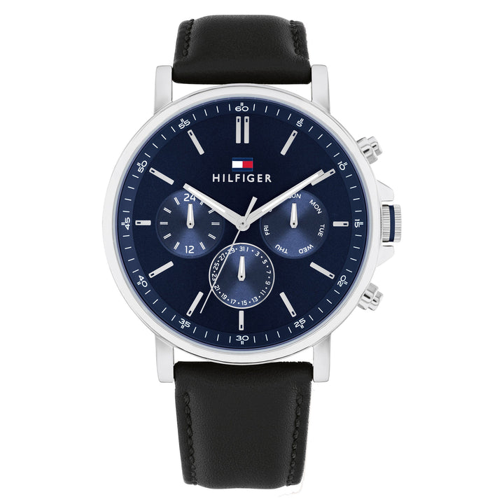 Tommy Hilfiger Black Leather Navy Dial Multi-function Men's Watch - 1710603