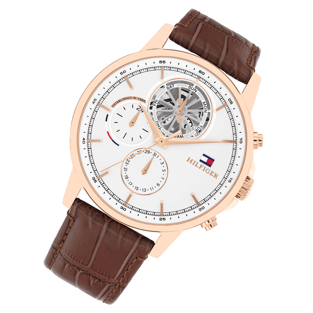 Tommy Hilfiger Brown Leather White Dial Multi-function Men's Watch - 1710606