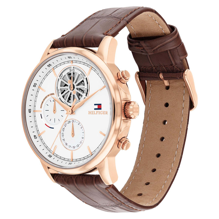 Tommy Hilfiger Brown Leather White Dial Multi-function Men's Watch - 1710606