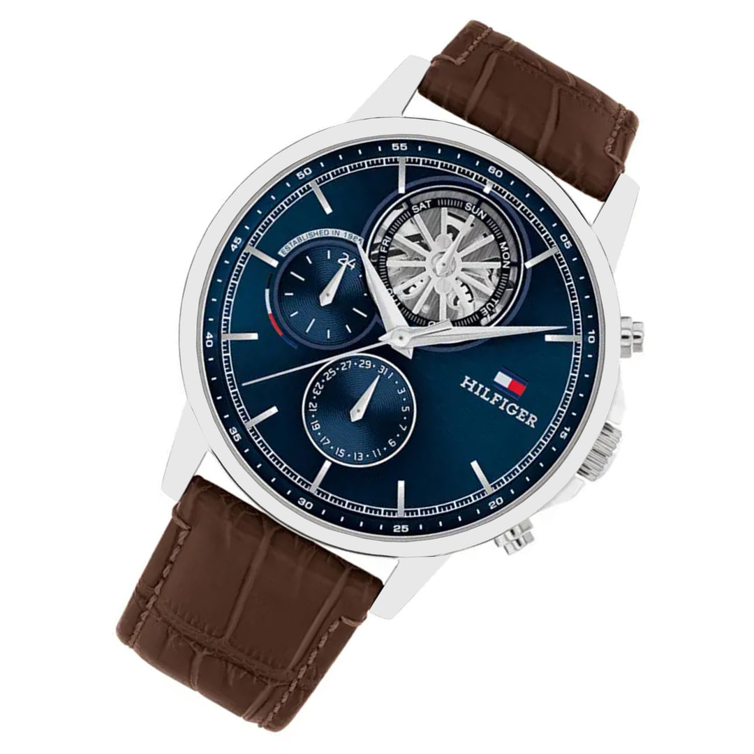 Tommy Hilfiger Dark Brown Leather Navy Dial Multi-function Men's Watch - 1710629