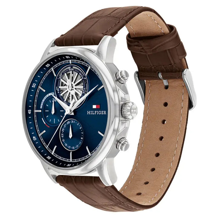 Tommy Hilfiger Dark Brown Leather Navy Dial Multi-function Men's Watch - 1710629