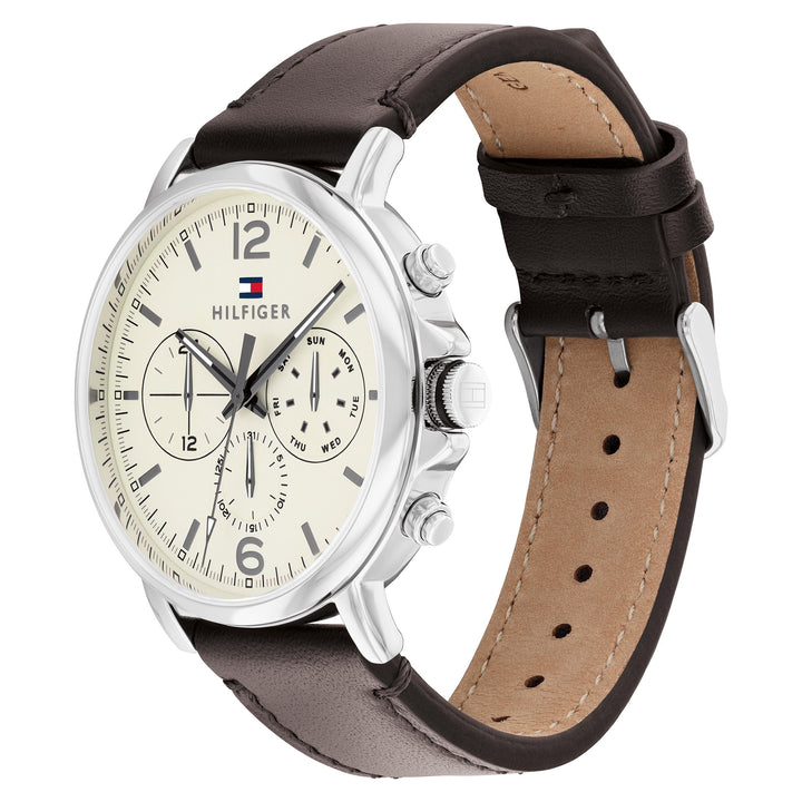 Tommy Hilfiger Dark Brown Leather Parchment Dial Multi-function Men's Watch - 1710642