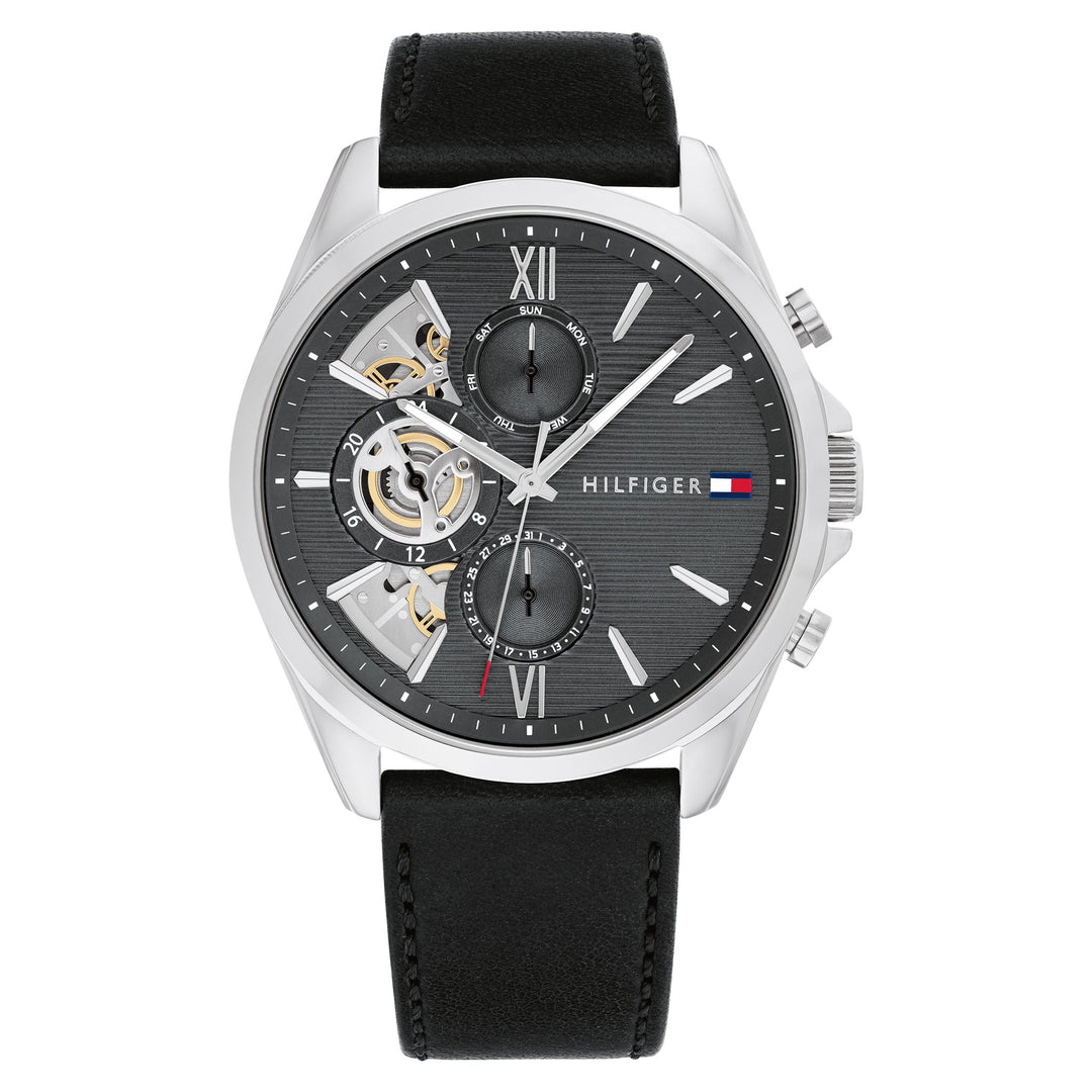 Tommy Hilfiger Black Leather Dark Grey Dial Multi-function Men's Watch - 1710644