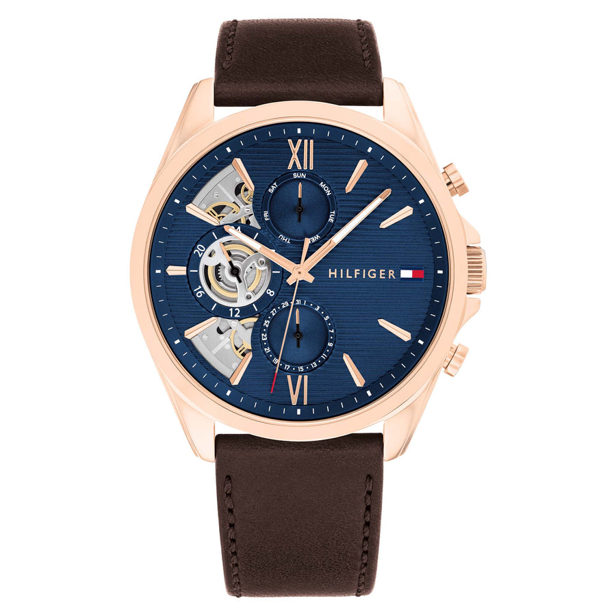 Tommy Hilfiger Brown Leather Blue Dial Multi-function Men's Watch - 1710645