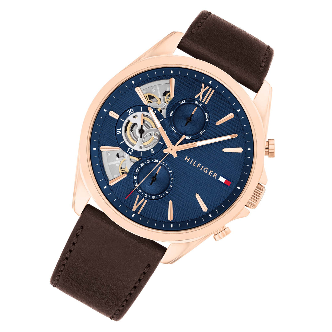 Tommy Hilfiger Brown Leather Blue Dial Multi-function Men's Watch - 1710645