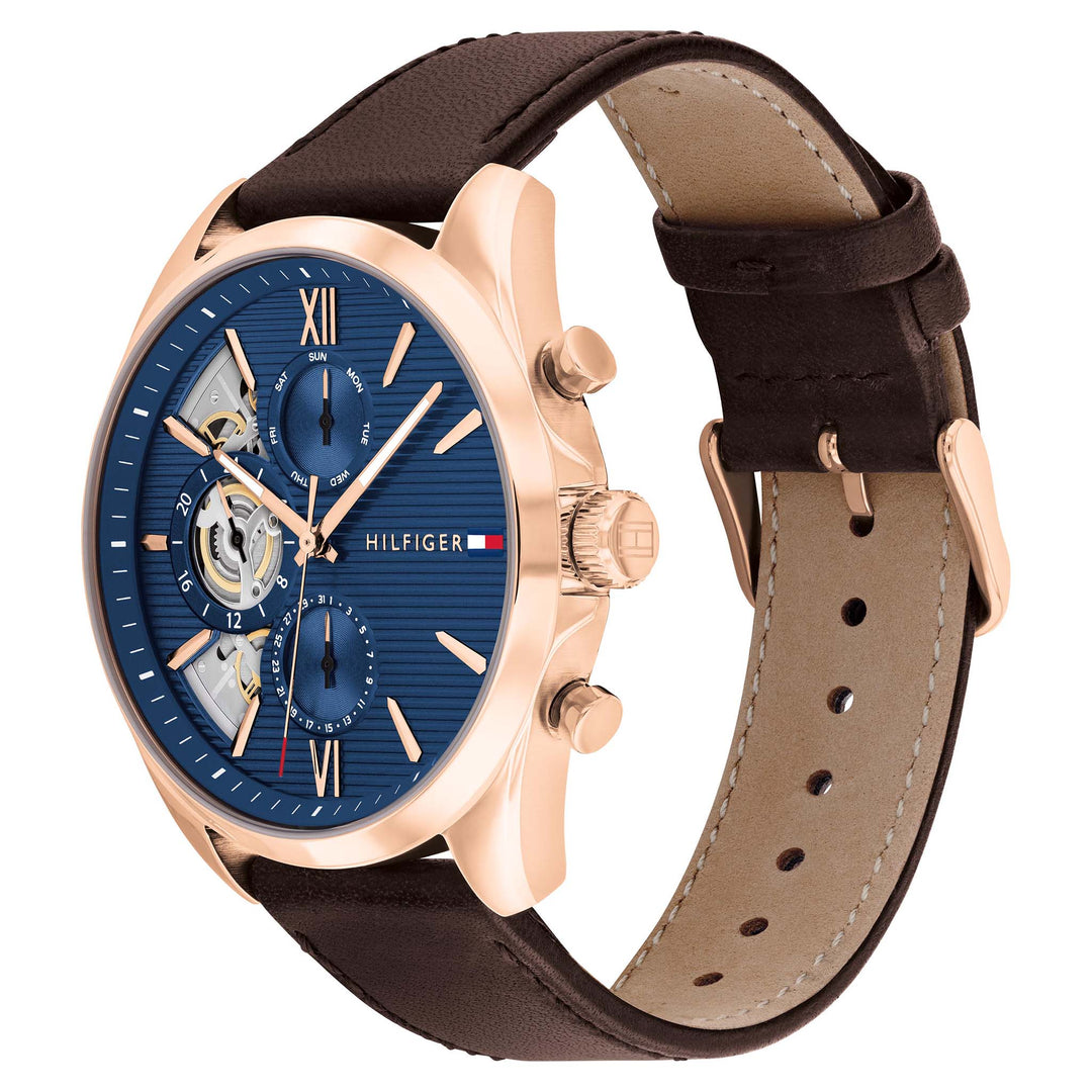 Tommy Hilfiger Brown Leather Blue Dial Multi-function Men's Watch - 1710645