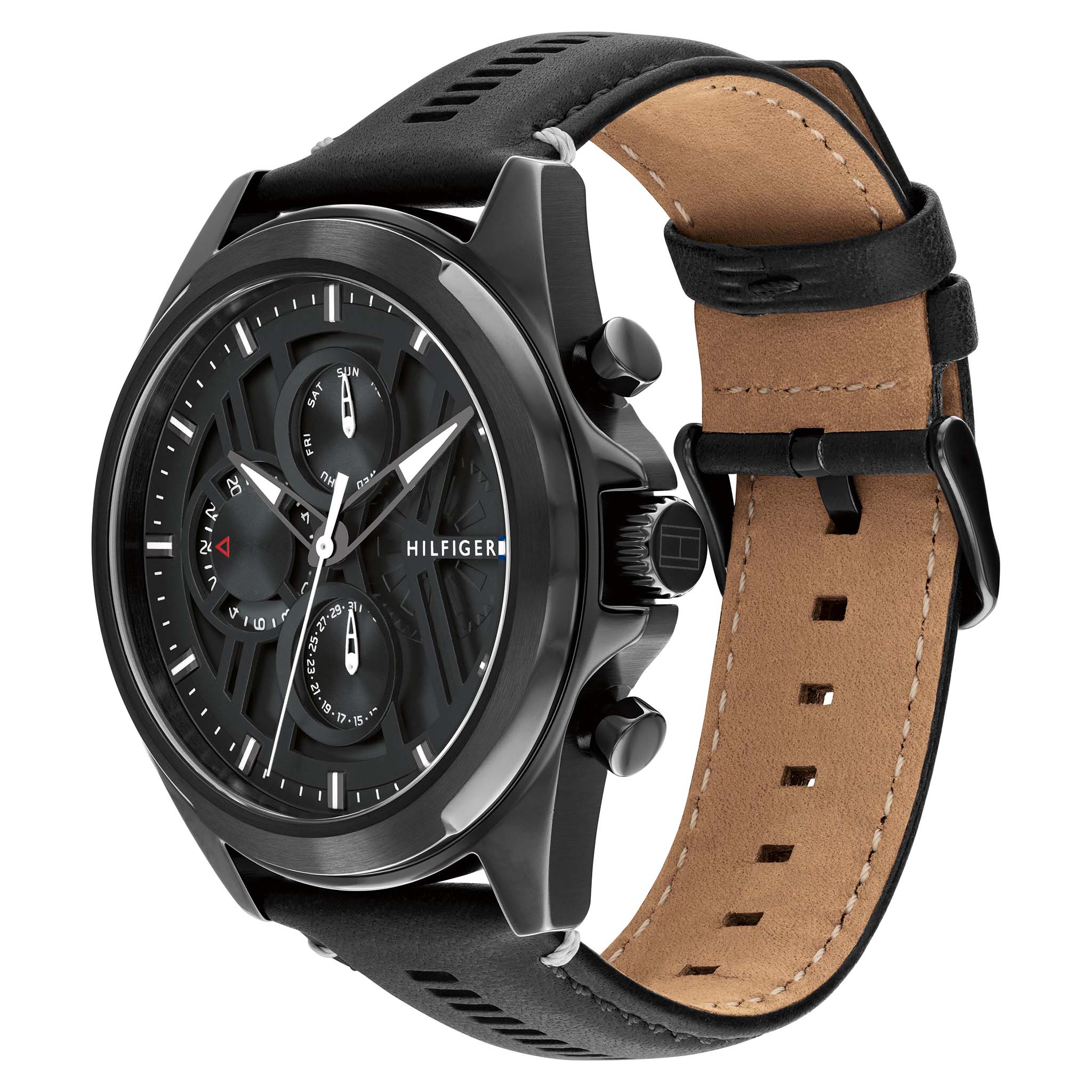 Tommy Hilfiger Leather Black Dial Multi-function Men's Watch - 1710654