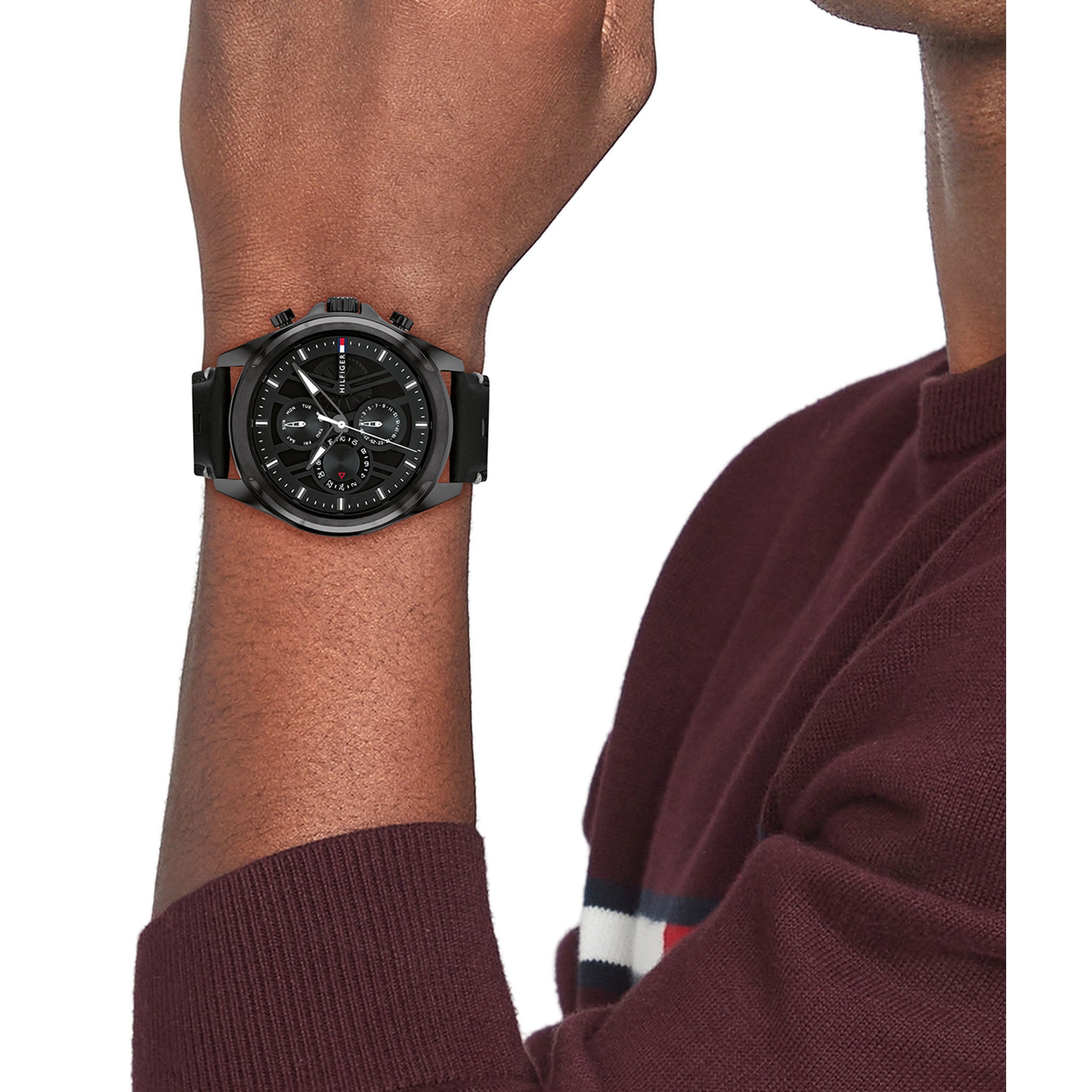 Tommy Hilfiger Leather Black Dial Multi-function Men's Watch - 1710654