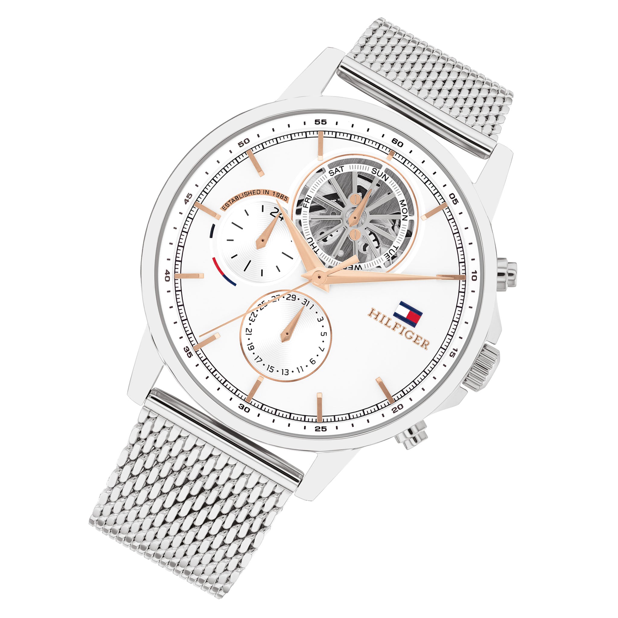 Tommy Hilfiger Silver Steel Mesh White Dial Multi-function Men's Watch - 1710682