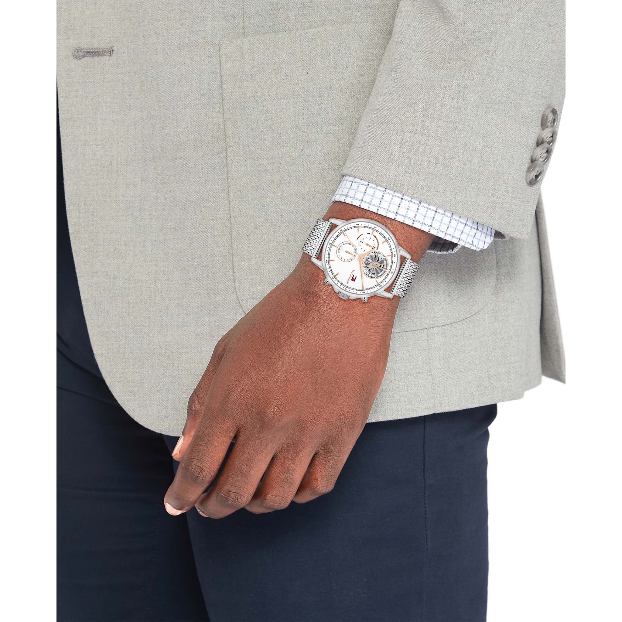Tommy Hilfiger Silver Steel Mesh White Dial Multi-function Men's Watch - 1710682