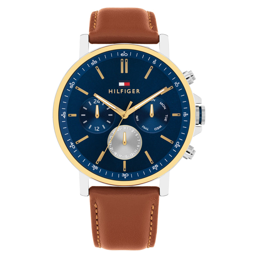 Tommy Hilfiger Brown Leather Navy Dial Multi-function Men's Watch - 1710703