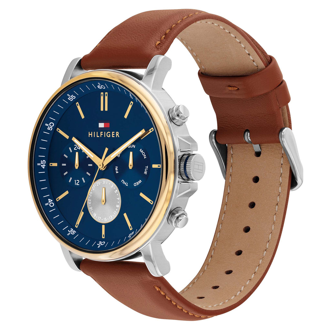 Tommy Hilfiger Brown Leather Navy Dial Multi-function Men's Watch - 1710703