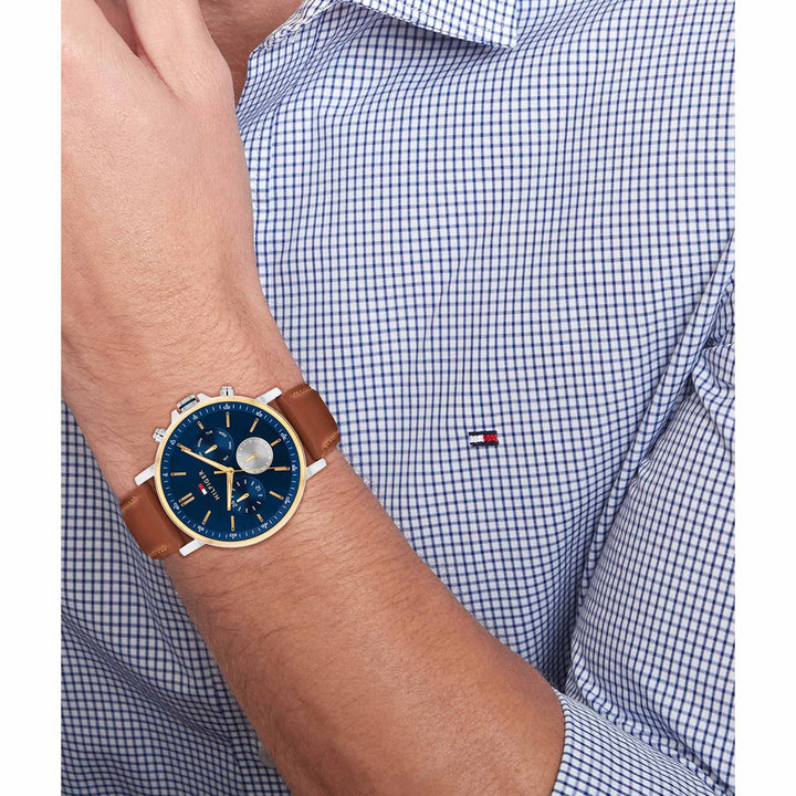 Tommy Hilfiger Brown Leather Navy Dial Multi-function Men's Watch - 1710703