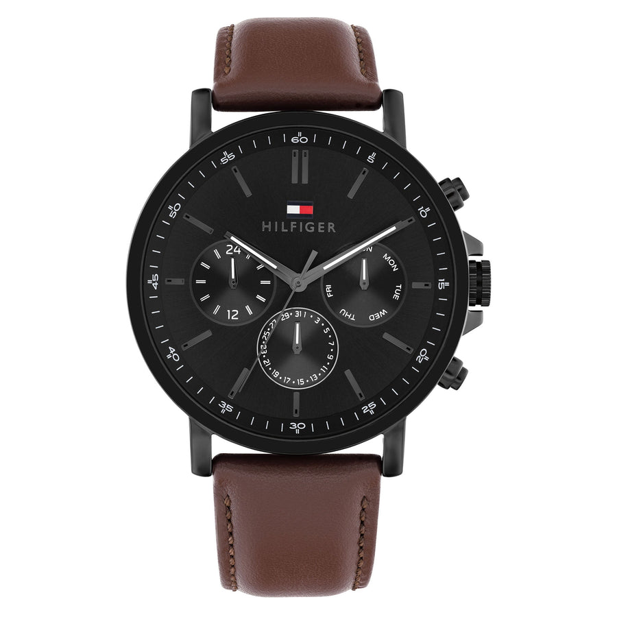 Tommy Hilfiger Dark Brown Leather Black Dial Multi-function Men's Watch - 1710704