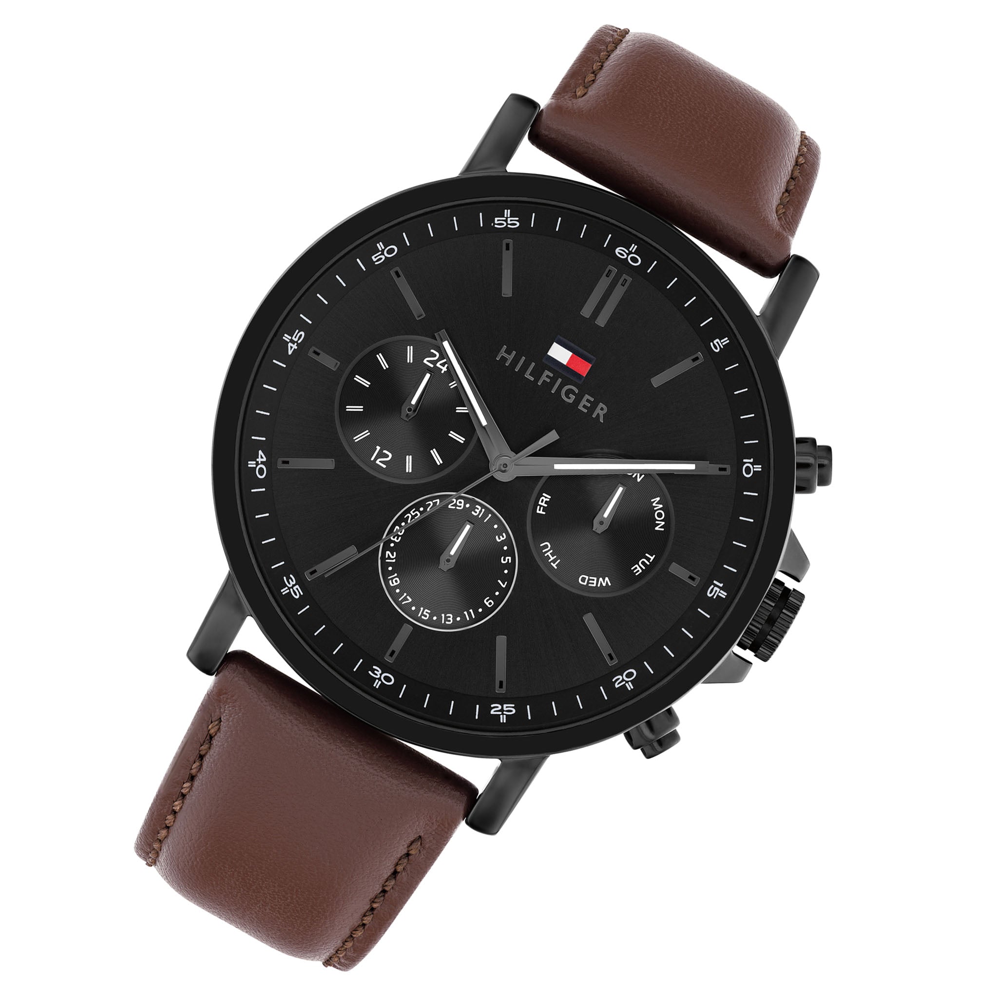Tommy Hilfiger Dark Brown Leather Black Dial Multi-function Men's Watch - 1710704