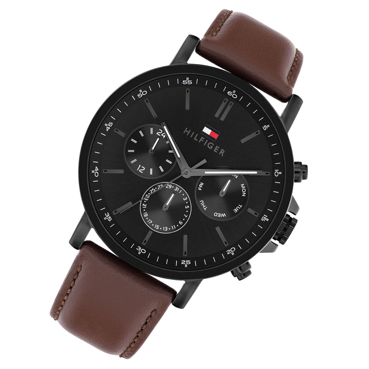 Tommy Hilfiger Dark Brown Leather Black Dial Multi-function Men's Watch - 1710704