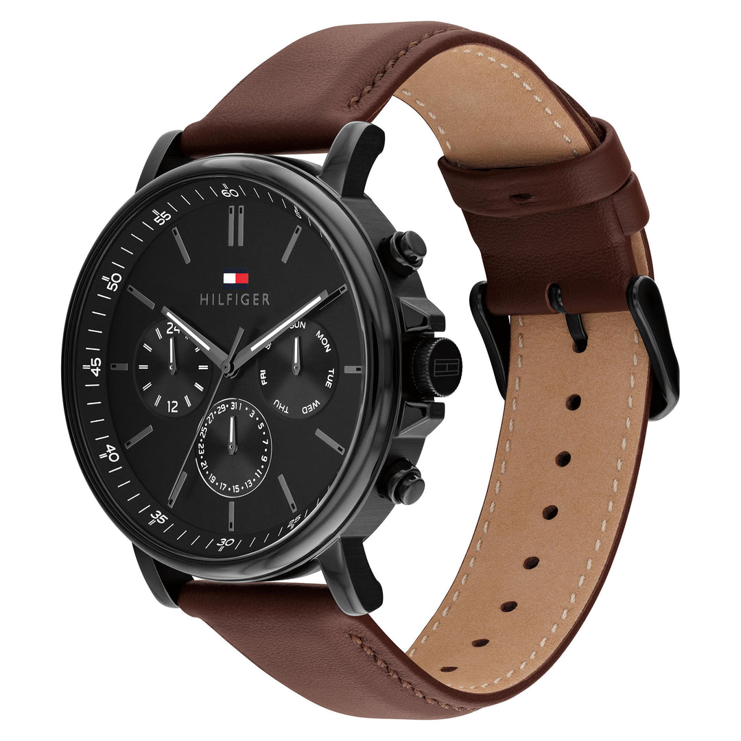 Tommy Hilfiger Dark Brown Leather Black Dial Multi-function Men's Watch - 1710704