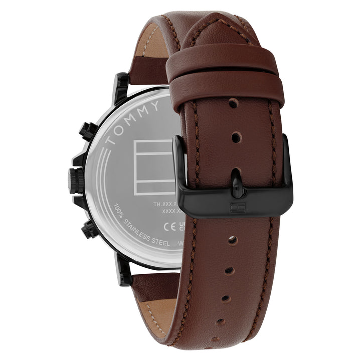 Tommy Hilfiger Dark Brown Leather Black Dial Multi-function Men's Watch - 1710704